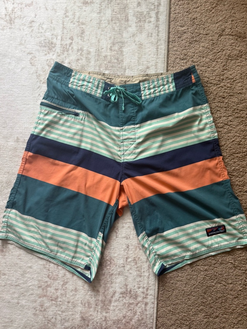 Patagonia Men's Teal & Orange Stripe Swim Shorts